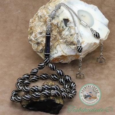 Gümüş Selçuklu Kartalı Tasarım Çeşm-İ Bülbül İşlemeli Erzurum Oltu Taşı Tesbih