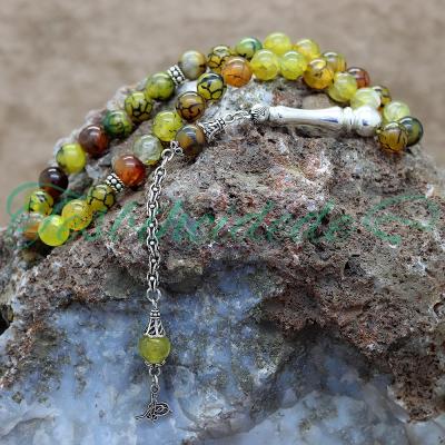 Gümüş Tuğra Tasarım Damarlı Akik Tesbih