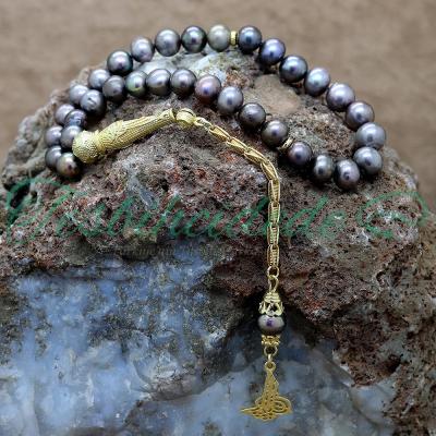 Gümüş Tuğra Tasarım Siyah İnci Tesbih