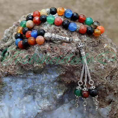 Gümüş Tasarım Karışık Renkli Akik Tesbih