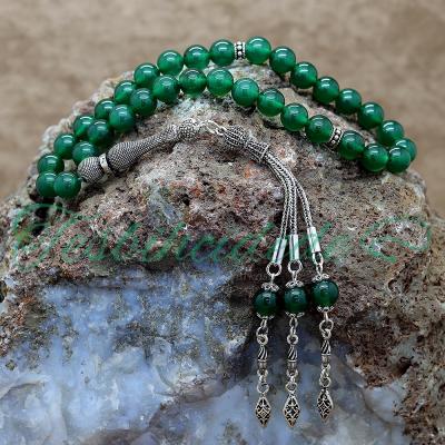 Gümüş Tasarım Yeşil Akik Doğaltaş Tesbih