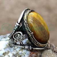 Gümüş Tuğra Tasarım Kaplan Gözü Taşlı  Erkek Yüzük