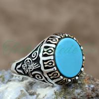 Gümüş Tuğra Tasarım Firuze(Turkuaz) Taşlı Erkek Yüzük