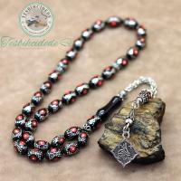 Gümüş Tuğra Tasarım Mercan İşlemeli Erzurum Oltu Taşı Tesbih