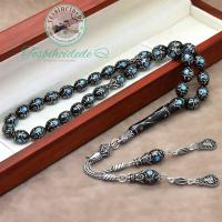 Gümüş Tuğra Model Firuze İşlemeli Erzurum Oltu Taşı Tesbih