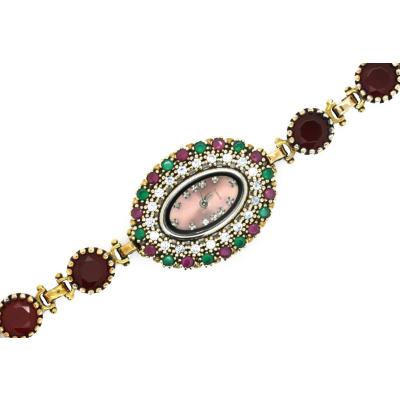 Gümüş Yakut Ve Zümrüt Taşlı Otantik Saat