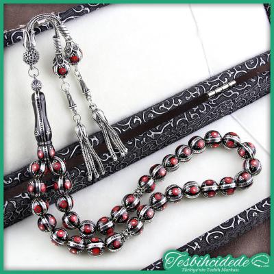 Gümüş Yarma Ve Mercan İşlemeli Erzurum Oltu Taşı Tesbih