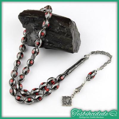 Gümüş Yarma Ve Mercan İşlemeli Arpa Kesim Erzurum Oltu Taşı Tesbih