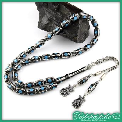 Gümüş Yarma Ve Firuze İşlemeli Kapsül Model Erzurum Oltu Taşı Tesbih