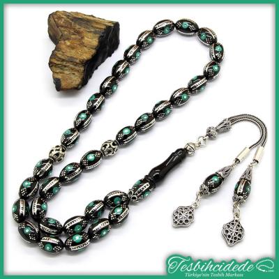 Gümüş Yarma Ve Turkuvaz İşlemeli Erzurum Oltu Taşı Tesbih