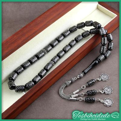 Gümüş Zikzak İşlemeli Eskitme Kapsül Model Erzurum Oltu Taşı Tesbih