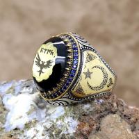 Kehribar Taşlı Türk Yazılı Selçuklu Kartalı Gümüş Erkek Yüzük