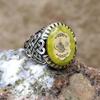 Kehribar Taşlı Osmanlı Tuğralı Gümüş Erkek Yüzük