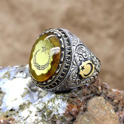 Kelime-İ Tevhid Yazılı Ayyıldız Kehribar Taşlı Gümüş Erkek Yüzük