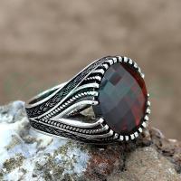 Kırmızı Zirkon Taşlı Gümüş Erkek Yüzük