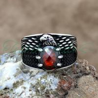 Kırmızı Zirkon Taşlı Kartal Pençeli Gümüş Erkek Yüzük