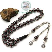 Kırmızı Mine Ve Gümüş İşlemeli Tuğra Püsküllü Erzurum Oltu Taşı Tesbih