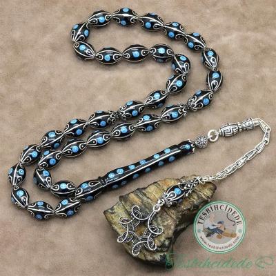 Koleksiyonluk Göz Damlası Tasarım Firuze İşlemeli Erzurum Oltu Taşı Tesbih