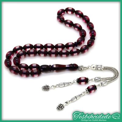 Koyu Kırmızı Sürmeli Toz Kehribar Tesbih