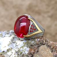 Lal Taşlı Zincir Motifli Gümüş Erkek Yüzük