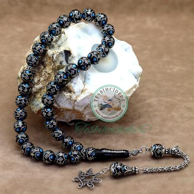 Mavi Mine İşlemeli Özel Tasarım Erzurum Oltu Taşı Tesbih