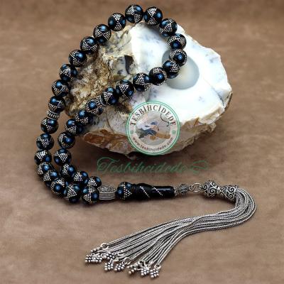 Mavi Renkli Mine Ve Piramit İşlemeli Erzurum Oltu Taşı Tesbih