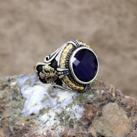 Mavi Zirkon Taşlı Çift Başlı Kartal Gümüş Erkek Yüzük