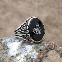 Oniks Taşlı Tuğra Motifli Gümüş Erkek Yüzük
