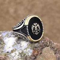 Oniks Taşlı Çift Başlı Kartal Motifli Gümüş Erkek Yüzük