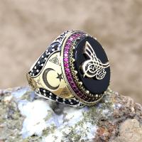 Osmanlı Tuğralı Oniks Taşlı Gümüş Erkek Yüzük