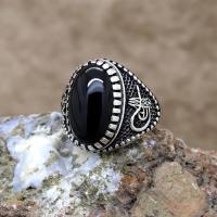 Osmanlı Tuğralı Armalı Oniks Taşlı Gümüş Erkek Yüzük