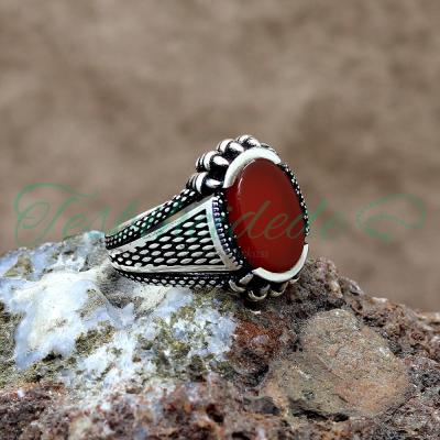 Pençeli Akik Taşlı Gümüş Erkek Yüzük