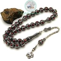 Selçuklu Kartalı Firuze Mercan Ve Karpuz İşlemeli Erzurum Oltu Taşı Tesbih