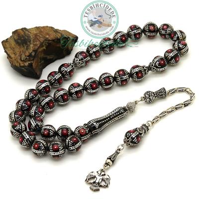 Selçuklu Kartalı Firuze Mercan Ve Karpuz İşlemeli Erzurum Oltu Taşı Tesbih