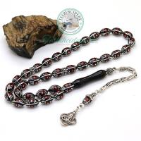 Tuğra Gümüş Püsküllü Bordo Mine Ve Karpuz İşlemeli Erzurum Oltu Taşı Tesbih