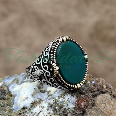 Tuğra Tasarım Yeşil Akik Taşlı Erkek Gümüş Yüzük