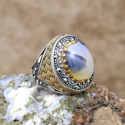 Yemen Akik Taşlı Motifli Gümüş Erkek Yüzük
