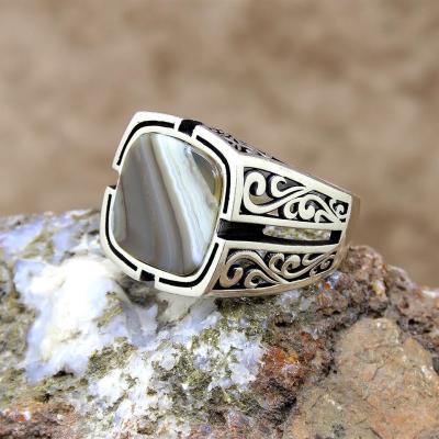 Yemen Akik Taşlı Desenli Gümüş Erkek Yüzük