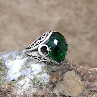 Yeşil Taşlı Gümüş Ayyıldız Erkek Yüzük