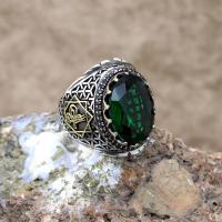 Yeşil Zirkon Taşlı Gümüş Tuğralı Erkek Yüzük