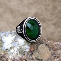 Yeşil Zirkon Taşlı Tuğra Motifli Gümüş Erkek Yüzük