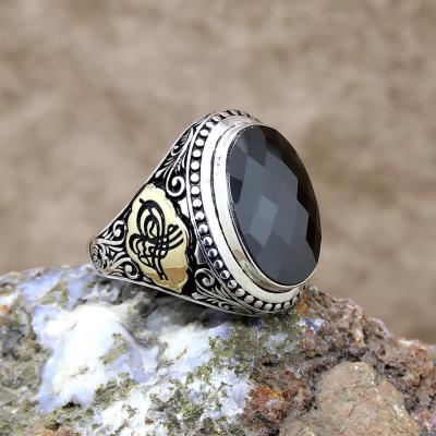 Zirkon Taşlı Tuğra Motifli Gümüş Erkek Yüzük