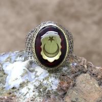 Ayyıldız Sıkma Kehribar Taşlı Gümüş Erkek Yüzük