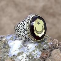 Ayyıldız Sıkma Kehribar Taşlı Gümüş Erkek Yüzük