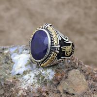 Doğal Safir Taşlı Gümüş Tuğralı Erkek Yüzük