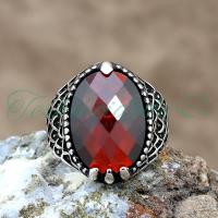 Gümüş Kartal Pençeli Kırmızı Zirkon Taşlı Erkek Yüzük