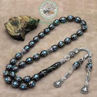 Gümüş Tuğra Model Firuze İşlemeli Erzurum Oltu Taşı Tesbih