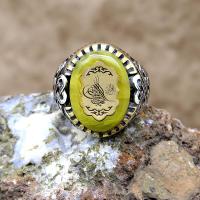 Kehribar Taşlı Osmanlı Tuğralı Gümüş Erkek Yüzük