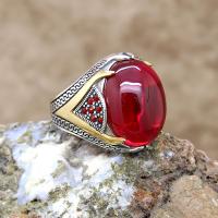 Lal Taşlı Zincir Motifli Gümüş Erkek Yüzük