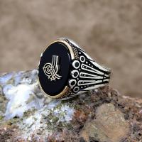 Oniks Taşlı Tuğra Motifli Gümüş Erkek Yüzük